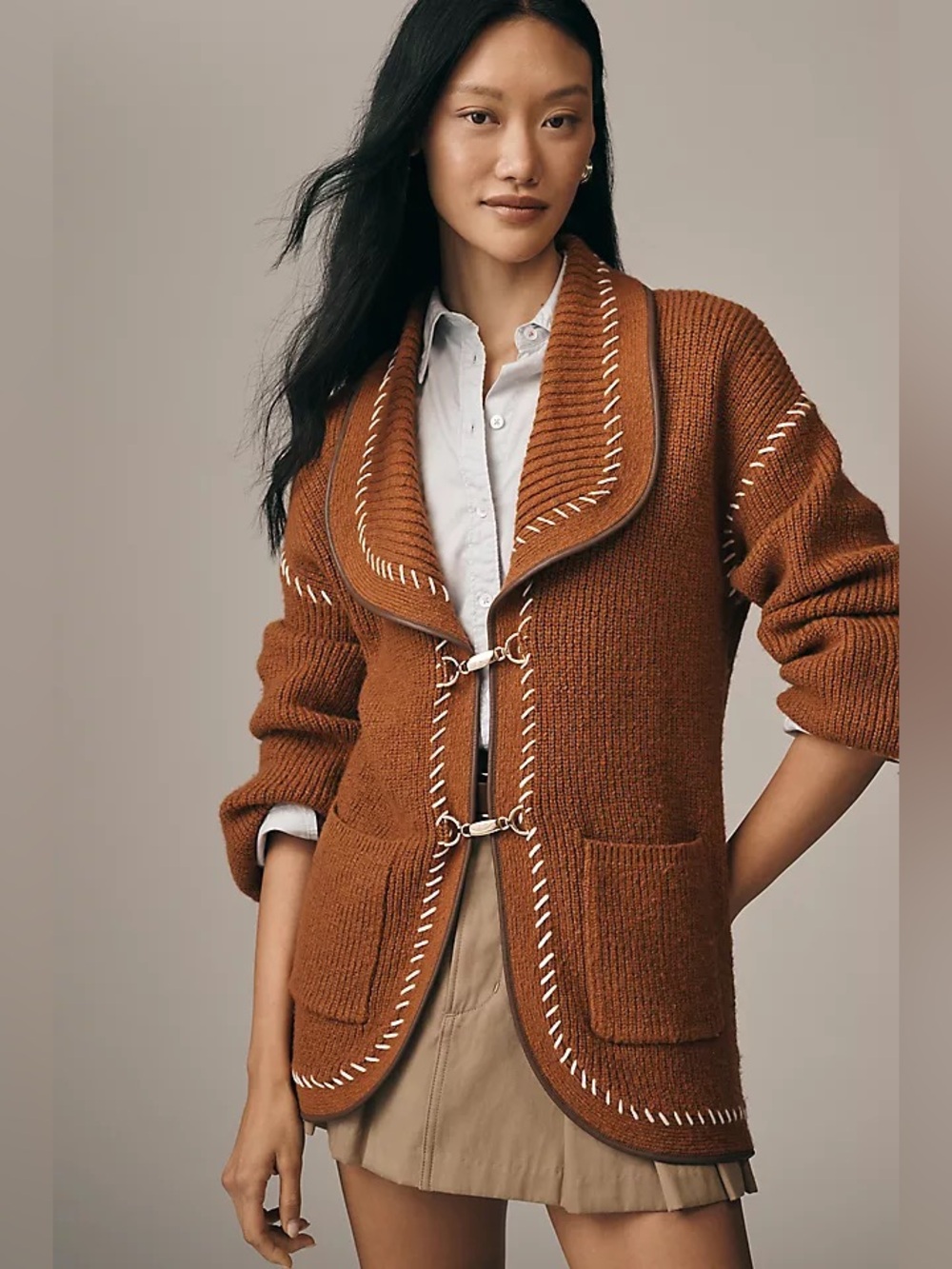 Anthropologie Maeve Faux Leather Trim Whipstitch Cardigan Sweater in Cedar